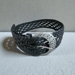 Moda International Black Leather Boho Braided Belt w/Intricate Silver Buckle L